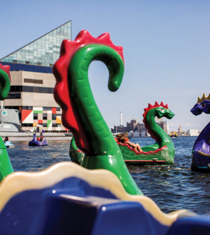 Close up of several colorful dragon boats on the water.