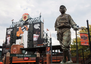 Photograph from below of Babe Ruth sculpture at Camden Yards.