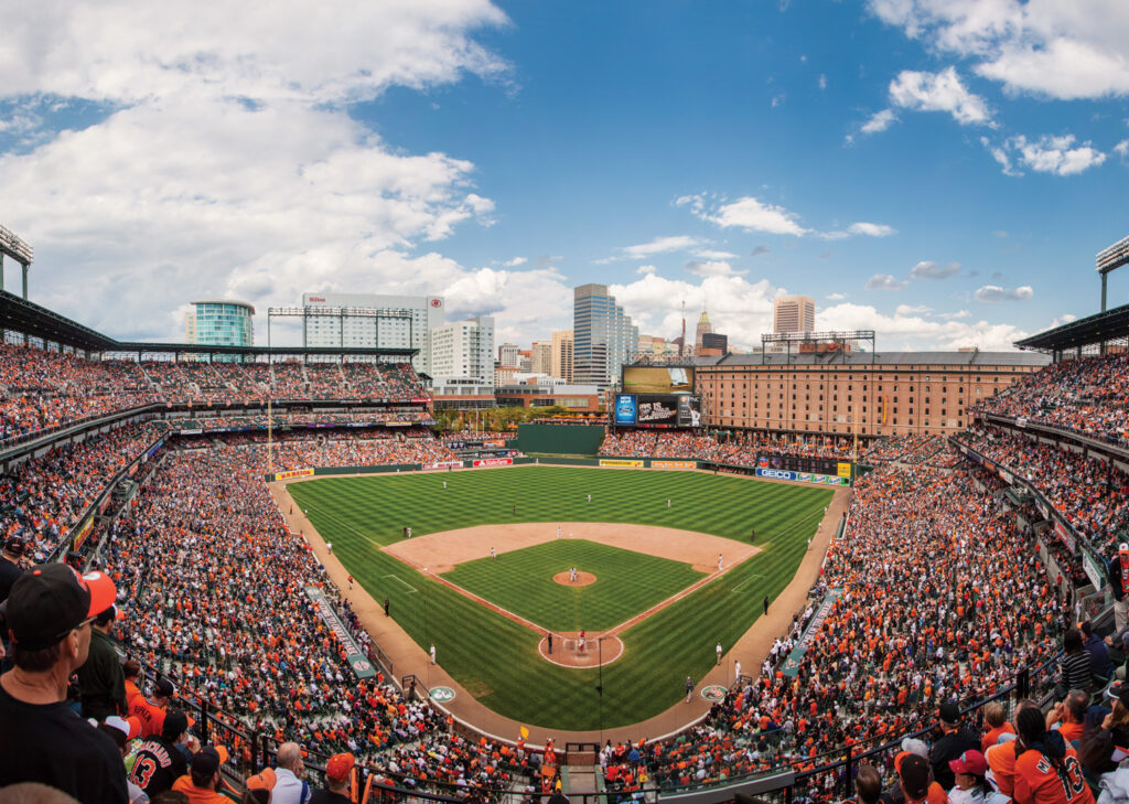 The view of the field at an Orioles game at Camden Yards.