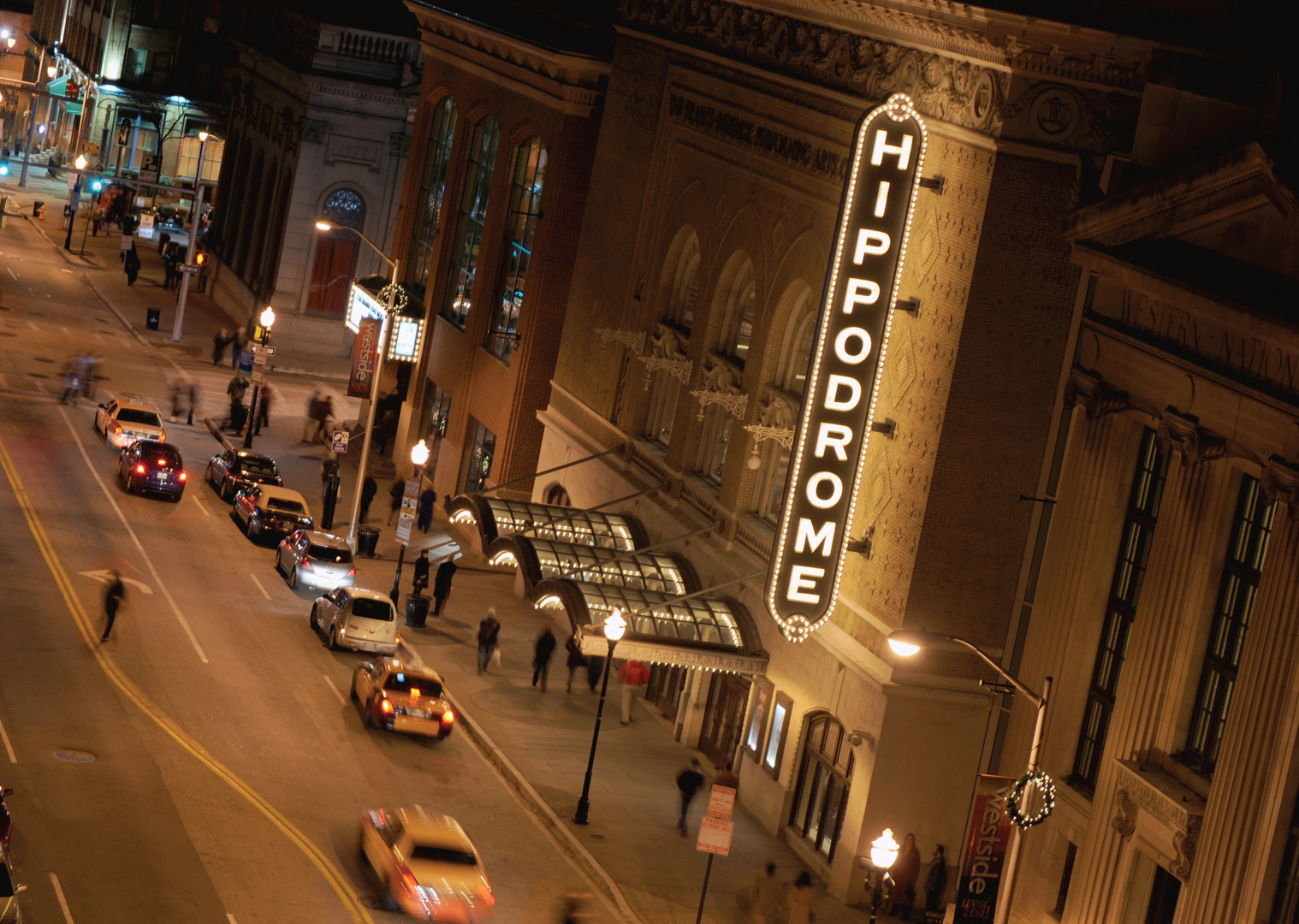The exterior from above of The Hippodrome in Baltimore at night.
