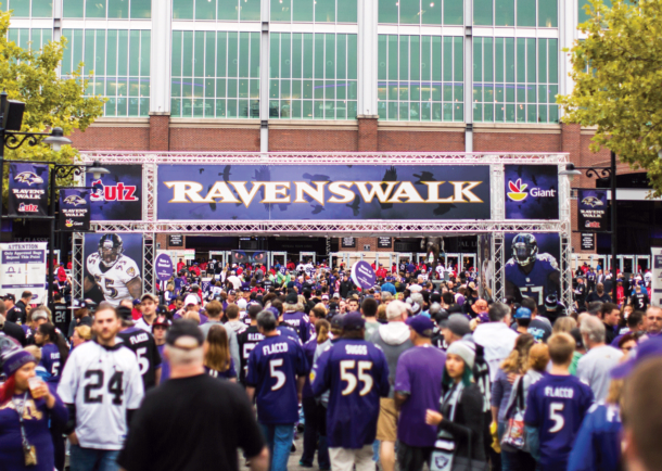 Ravens fans heading into M&T Bank Stadium on gameday.