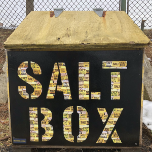 A Baltimore Salt Box, with the letters that spell "Salt Box" made from images of other salt boxes around town.