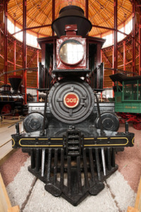 The front of a black train at The B and O Museum in Baltimore.