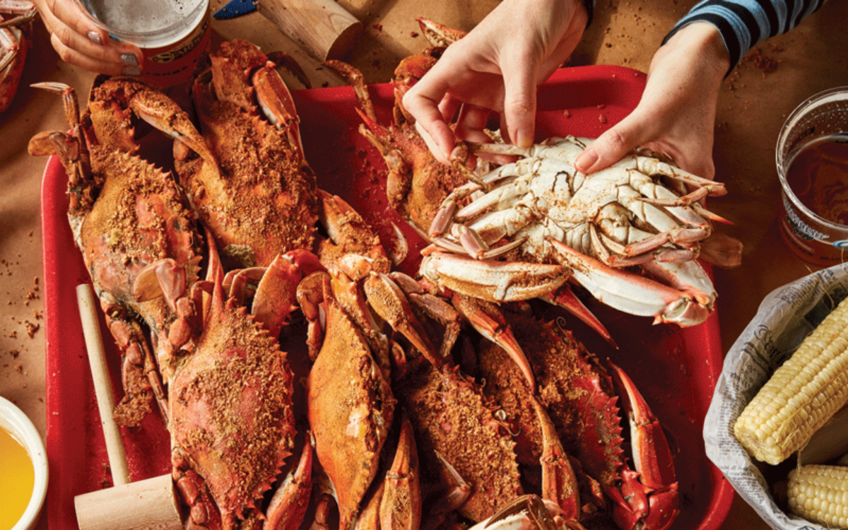 Crabs on a table from above in Baltimore at Nick's Fish House.