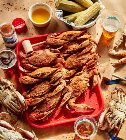 Blue crabs on a table in Baltimore at Nick's Fish House.
