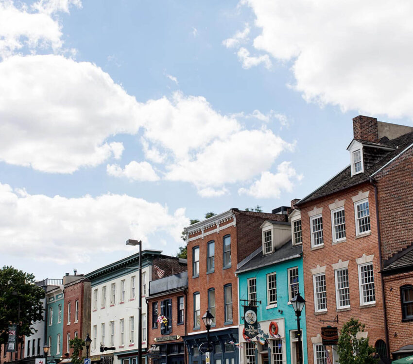 Historic homes and business facades in Fells Point, Baltimore.