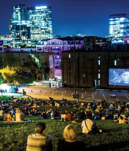 People from behind watching a free film on a hill in Federal Hill.