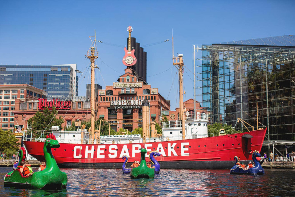 Dragon boats floating on The Inner Harbor in Baltimore.