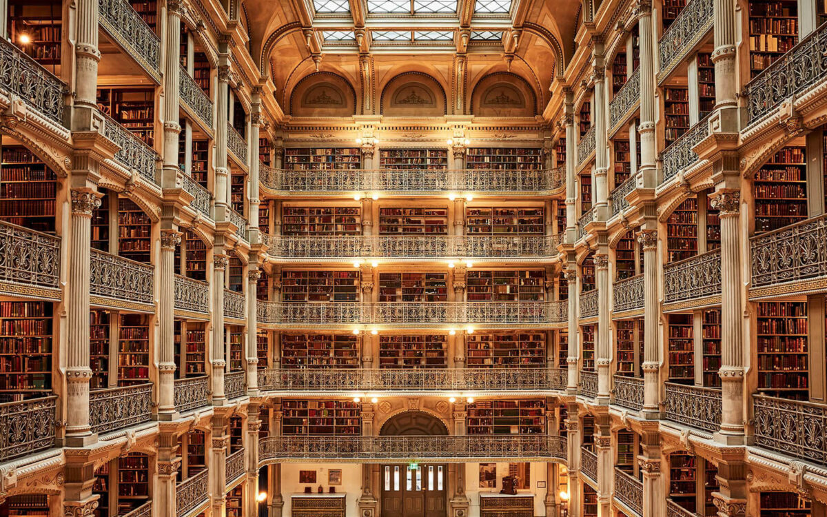 Interior from above of the Peabody Library in Baltimore.