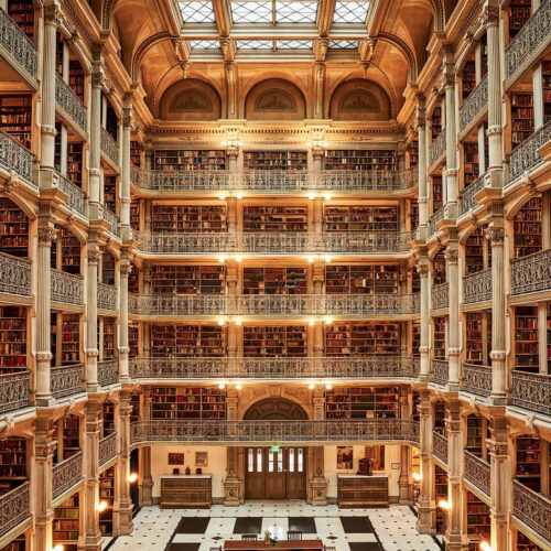 Interior from above of the Peabody Library in Baltimore.