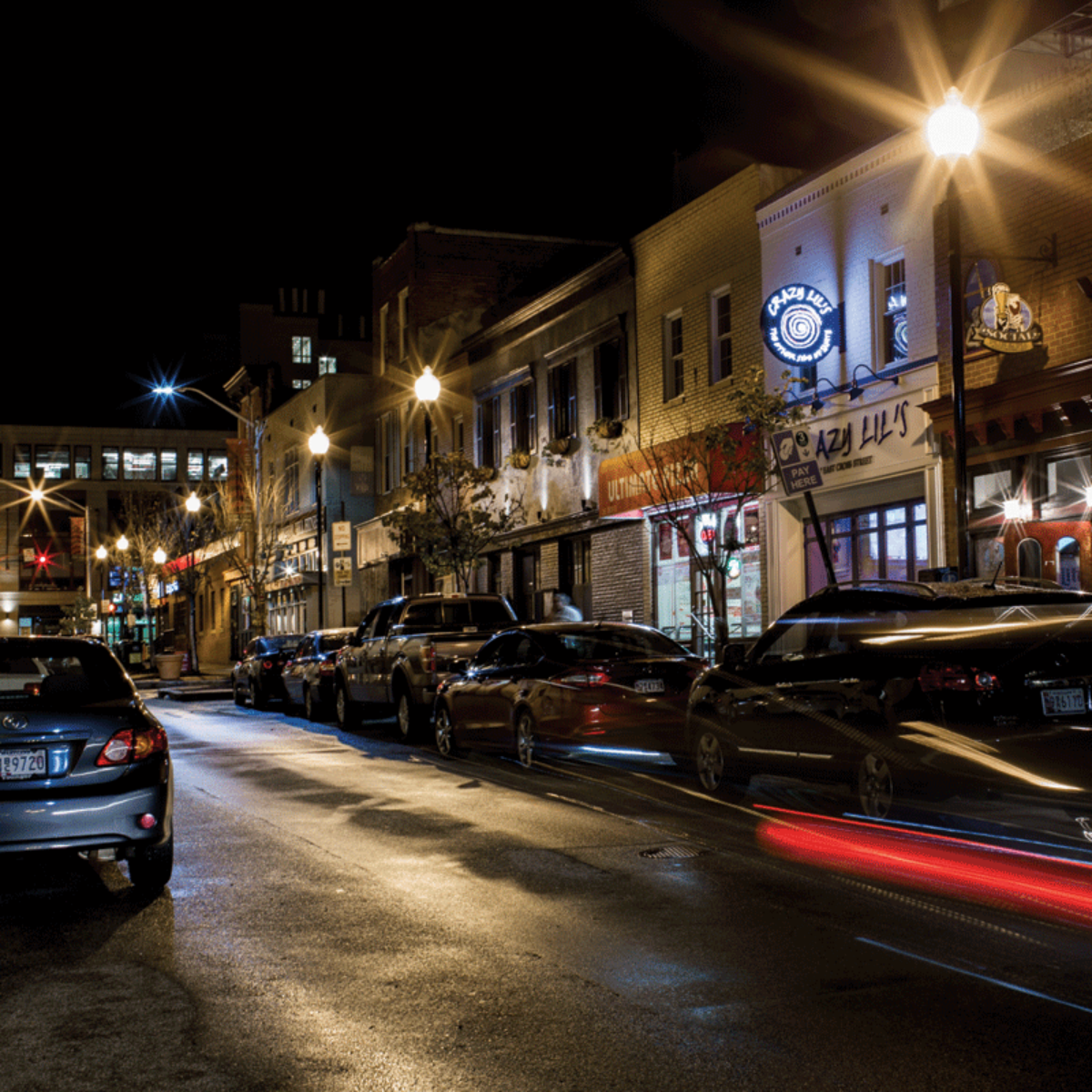 A street at night in Federal Hill, Baltimore.
