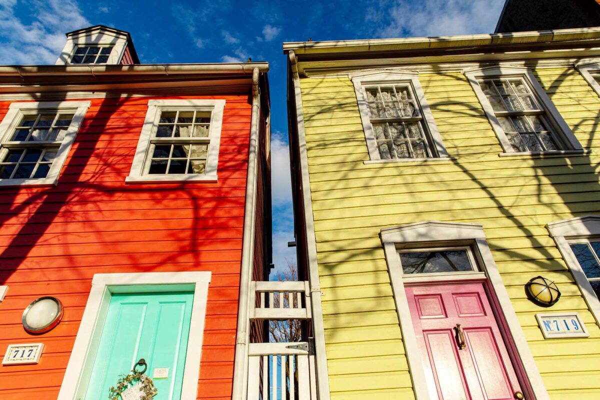 Brightly painted homes in historic Fells Point, Baltimore.