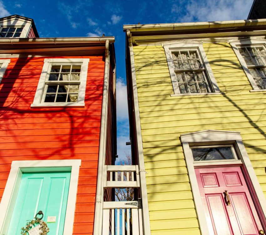 Brightly painted homes in historic Fells Point, Baltimore.