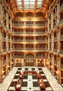 Interior from above of The Peabody Library in Baltimore.