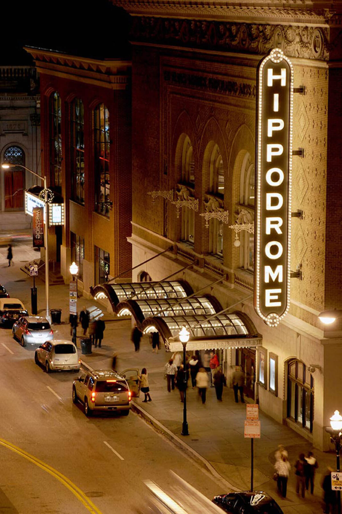 The exterior from above of The Hippodrome's sign in Baltimore at night.