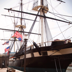 The Constellation ship docked in Baltimore's Inner Harbor.