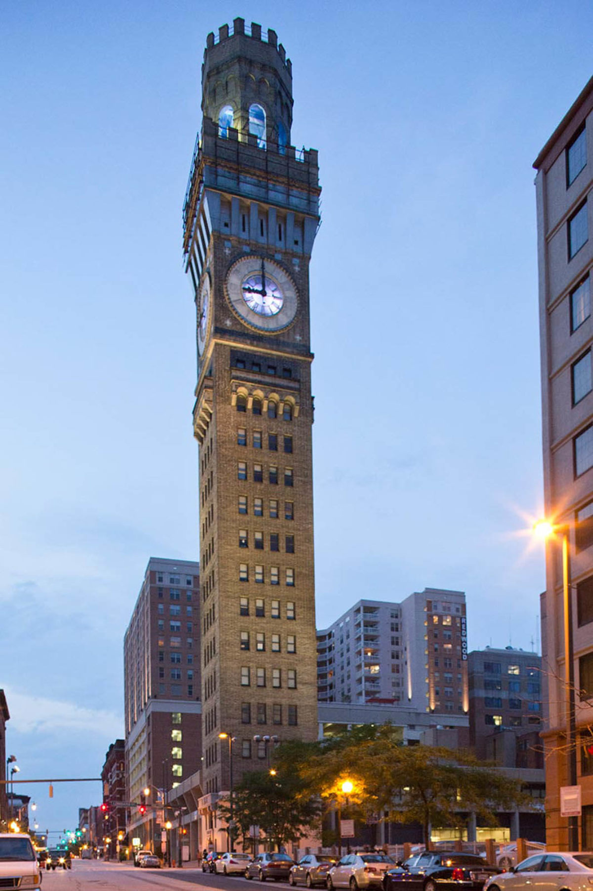 Outside view of The Bromo Tower at night in Baltimore, Maryland.