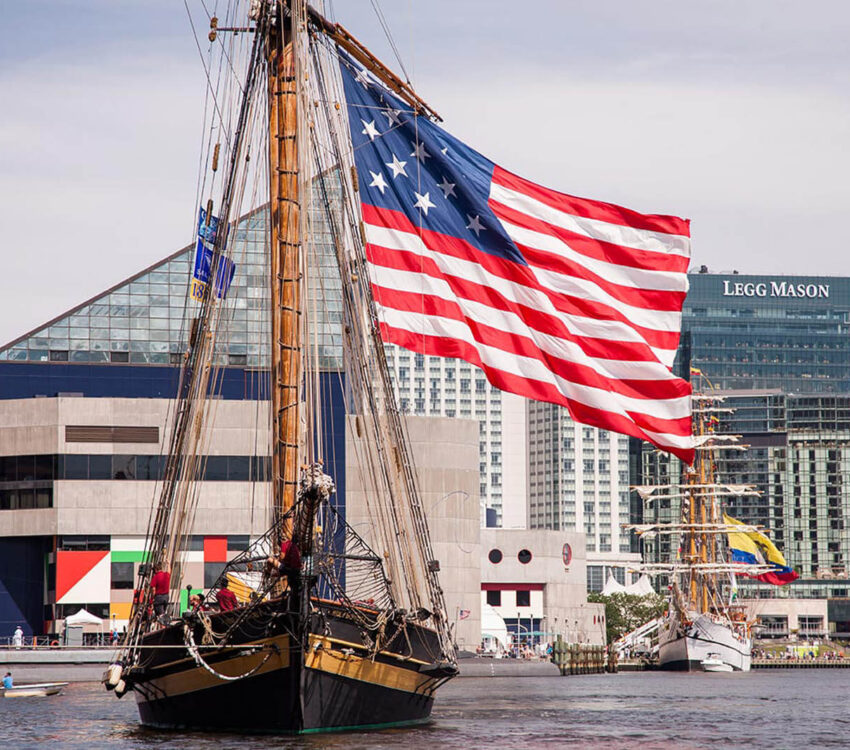 Sailabration ship with American flag in Baltimore.