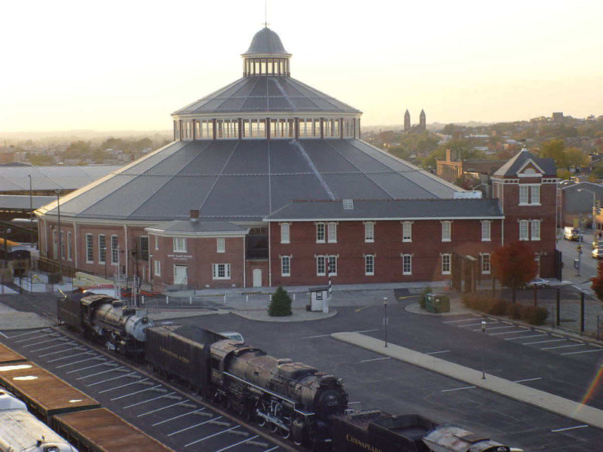 Exterior view of the B&O Railroad Museum at sunset.