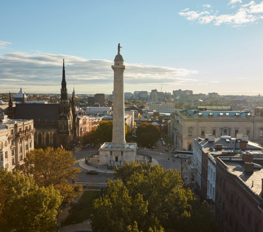 Aerial view of the Washington Monument from Hotel Revival