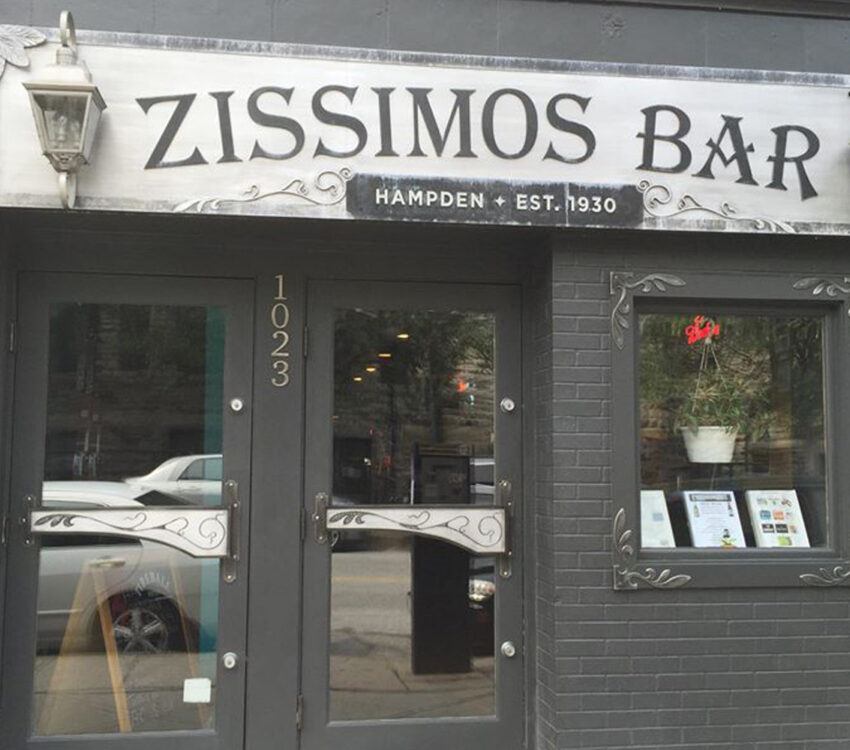 View of the outside of Zissimos Bar in Baltimore, Maryland
