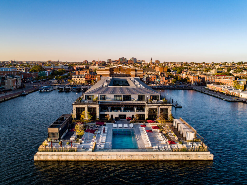 Aerial view of the pool area at Sagamore Pendry Baltimore.