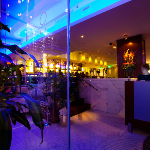 Restaurant entrance with blue lighting