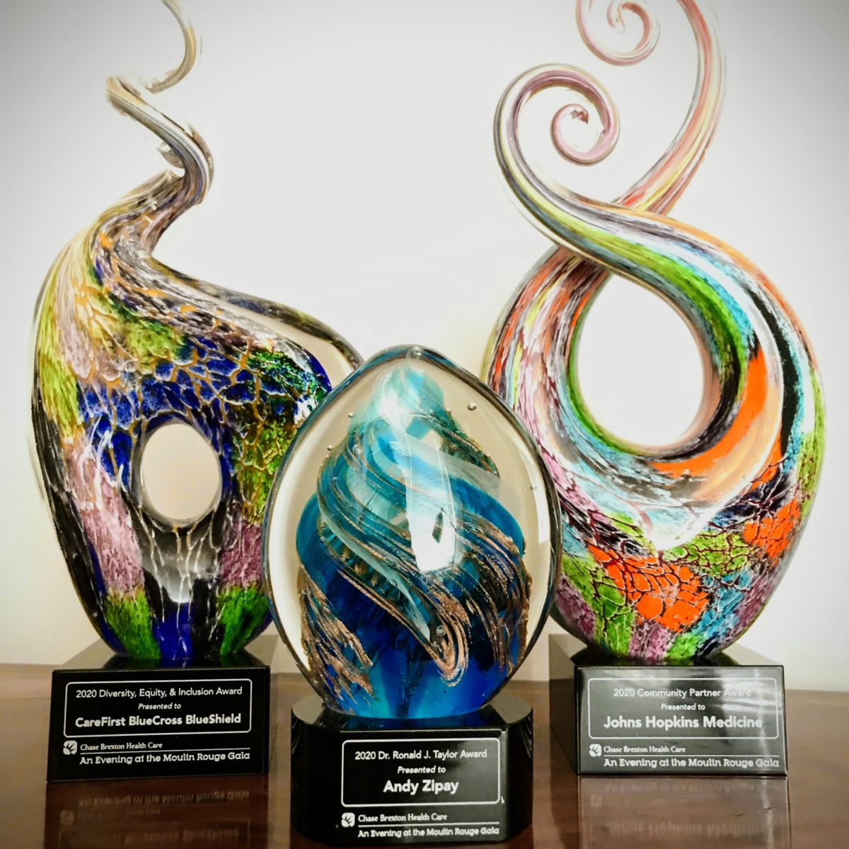 Chase Street Accessories & Engraving art glass awards create for Chase Brexton Health Care's gala