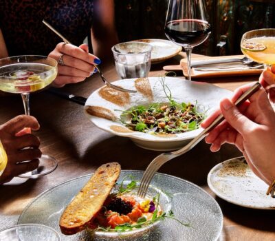 Dishes and drinks on table