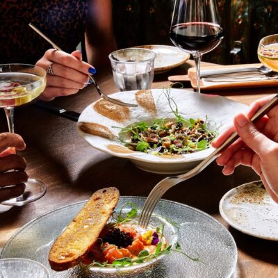 Dishes and drinks on table