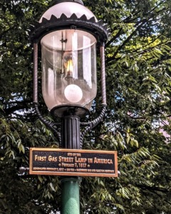 A replica of the first gas streetlamp