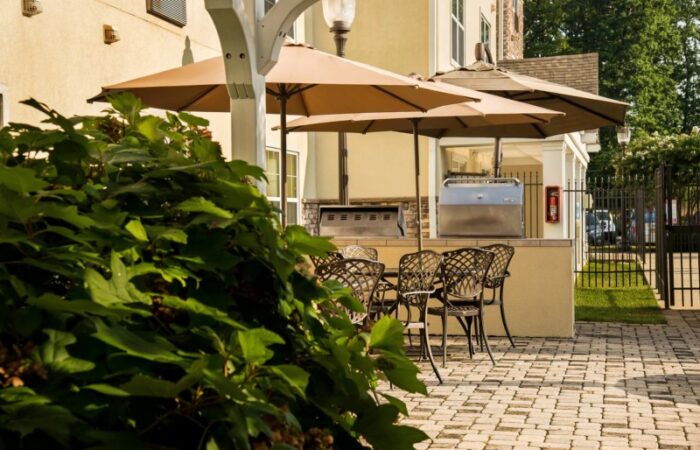outside seating with umbrellas