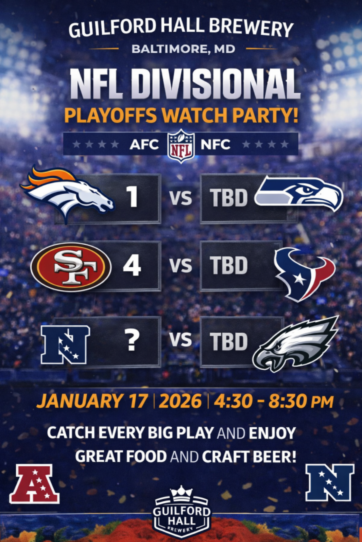 NFL Divisional Playoffs Watch Party at Guilford Hall Brewery - Event Flyer