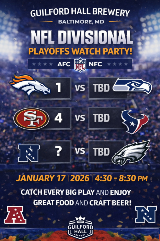 NFL Divisional Playoffs Watch Party at Guilford Hall Brewery - Event Flyer
