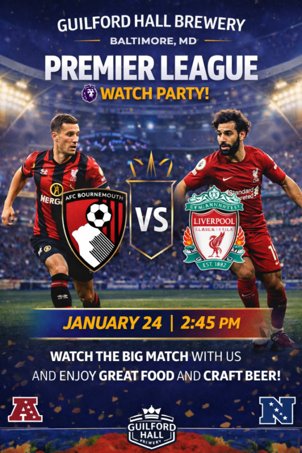 Bournemouth vs. Liverpool Premier League Watch Party at Guilford Hall Brewery - Event flyer