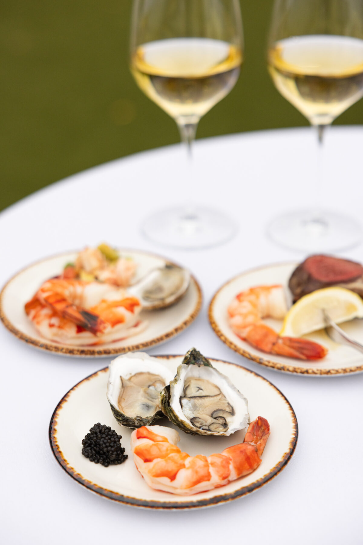 seafood and wine on a table