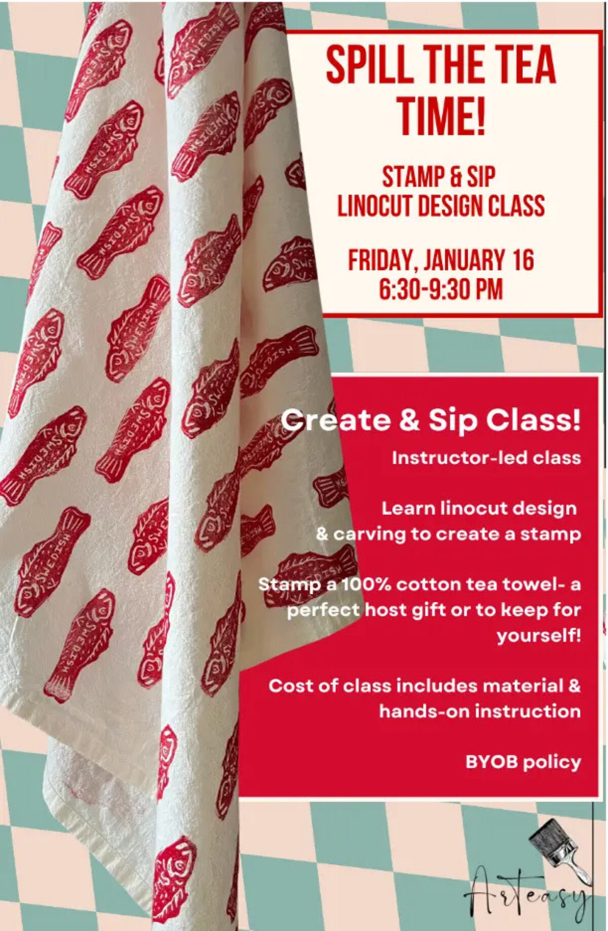 Spill the Tea Time! Linocut Carving & Tea Towel Stamp Class - Event flyer