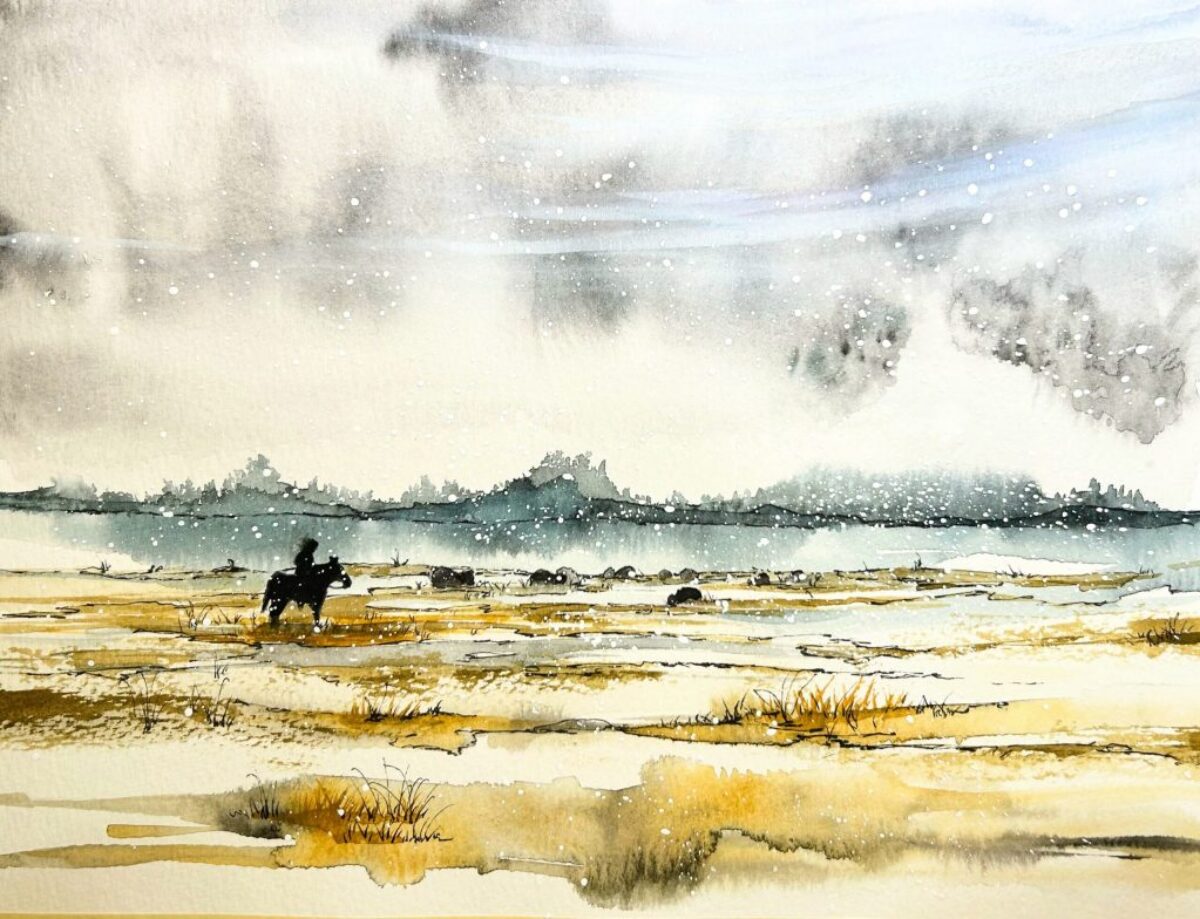 Watercolor: Winter Pasture Under Cold Wax