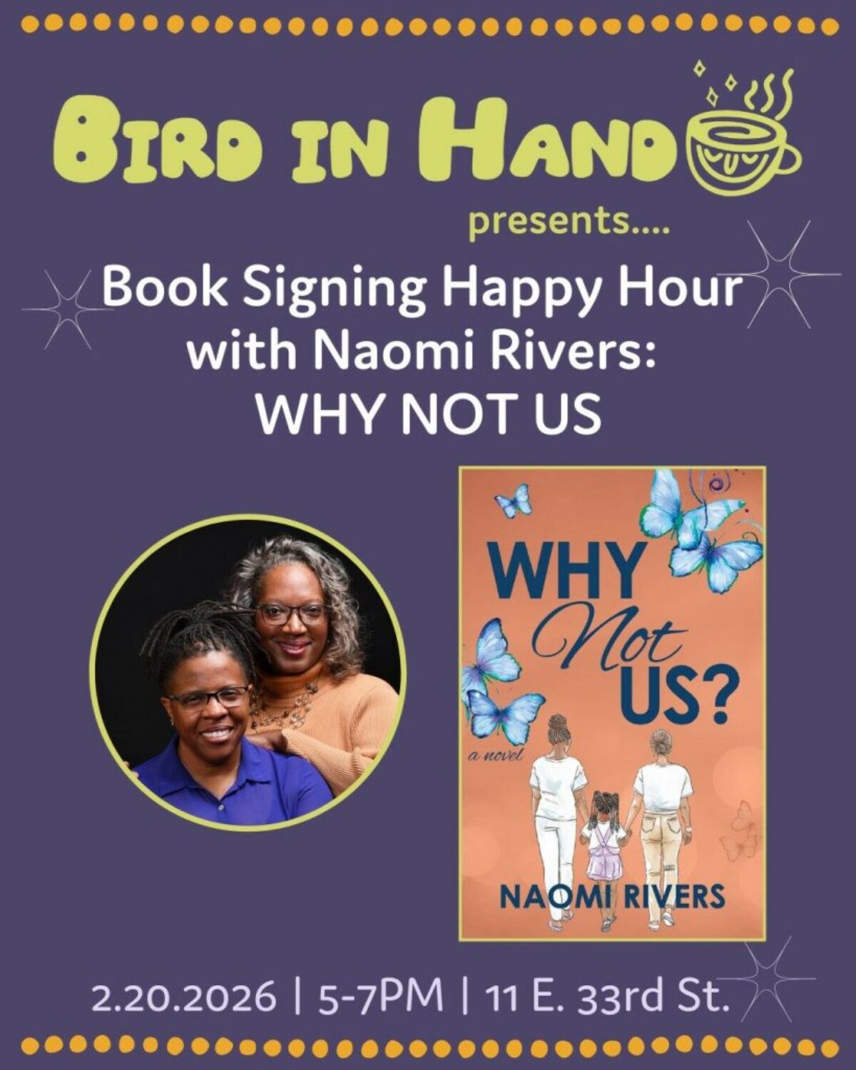 Book Signing Happy Hour with Naomi Rivers: WHY NOT US graphic