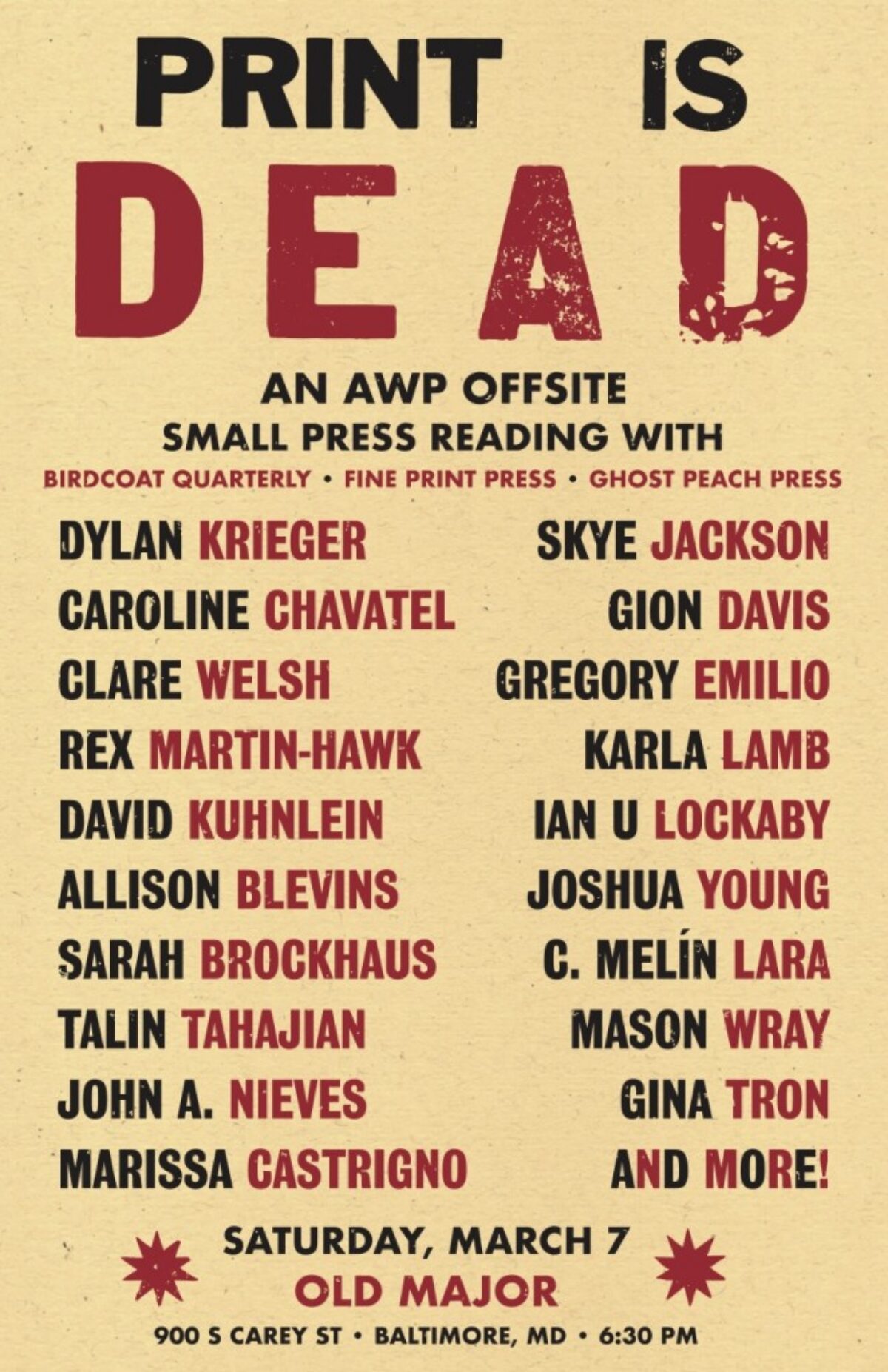 Print is Dead: A Small Press Reading with Birdcoat Quarterly, Fine Print Press, and Ghost Peach Press - flyer