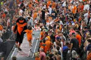 Lucky fans get to dance with the Oriole bird during a game! Credit to Samantha Frank/Baltimore Orioles.