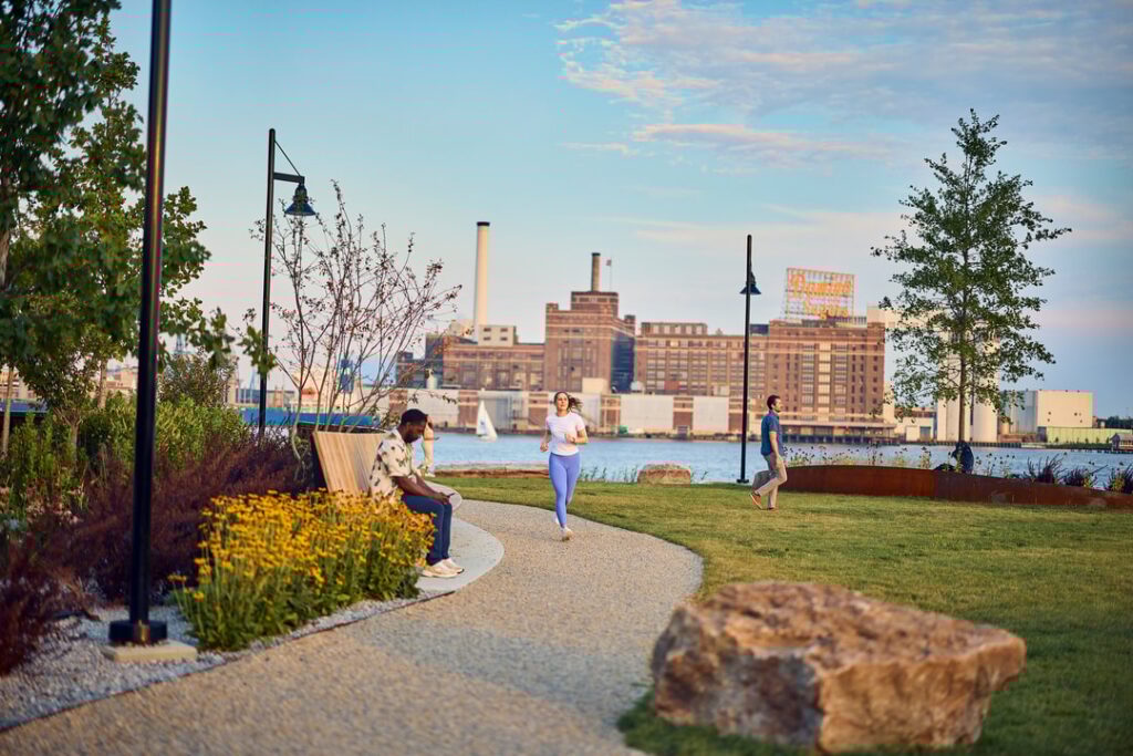 a woman running through point park