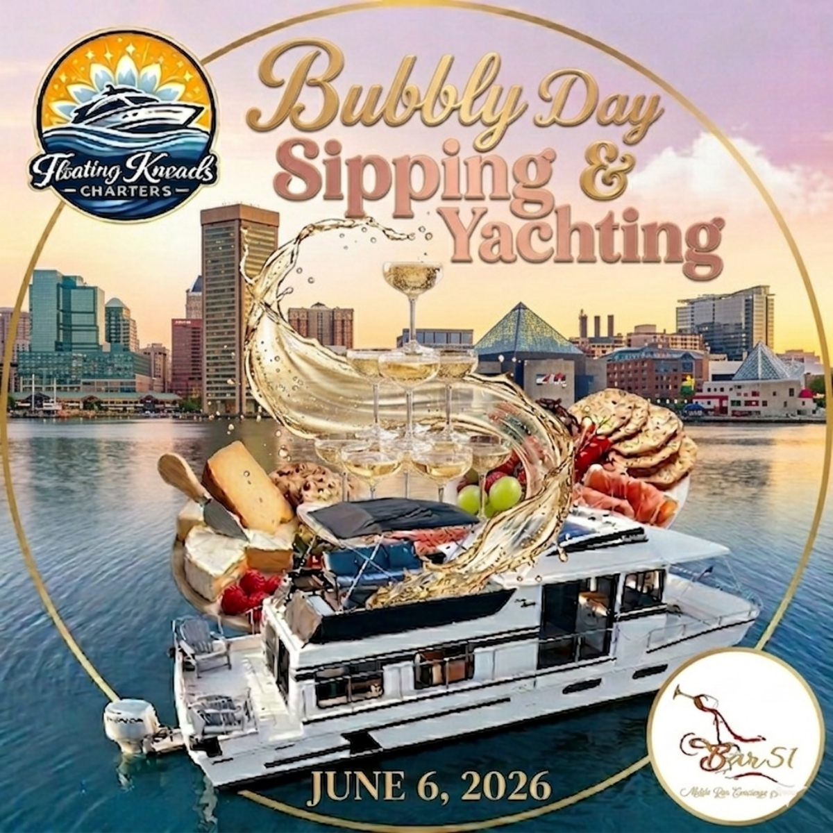 National Bubbly Day Sipping & Yachting with Floating Kneads Charters for Baltimore Waterfront Week